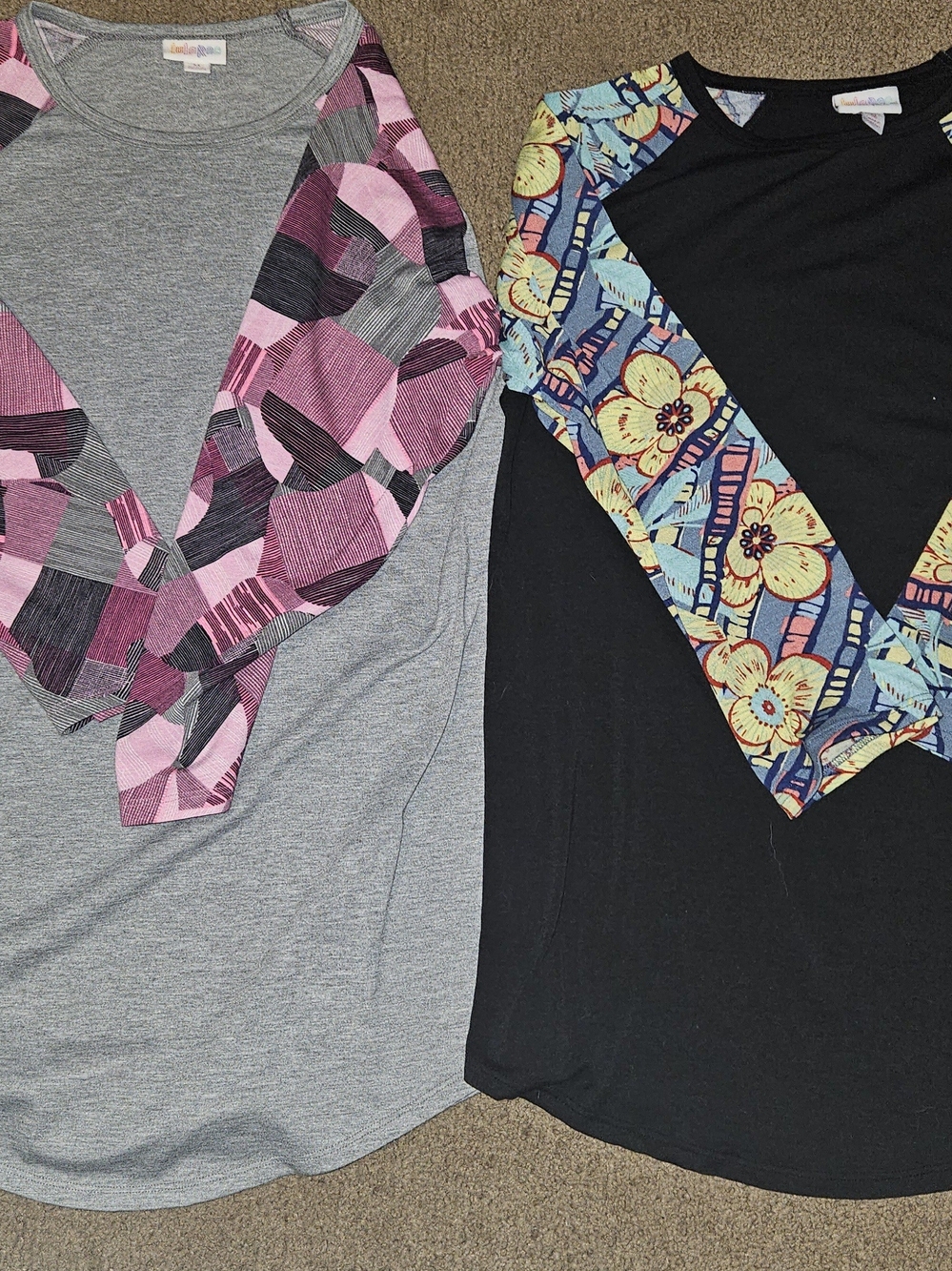 LuLaRoe-Inspired Colorblock Raglan Tops - Gray/Pink & Black/Multi BUNDLE